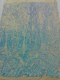 Long Wavy Pattern Sequins - Aqua Blue Iridescent - 4 Way Stretch Sequins Fabric Line Design By Yard