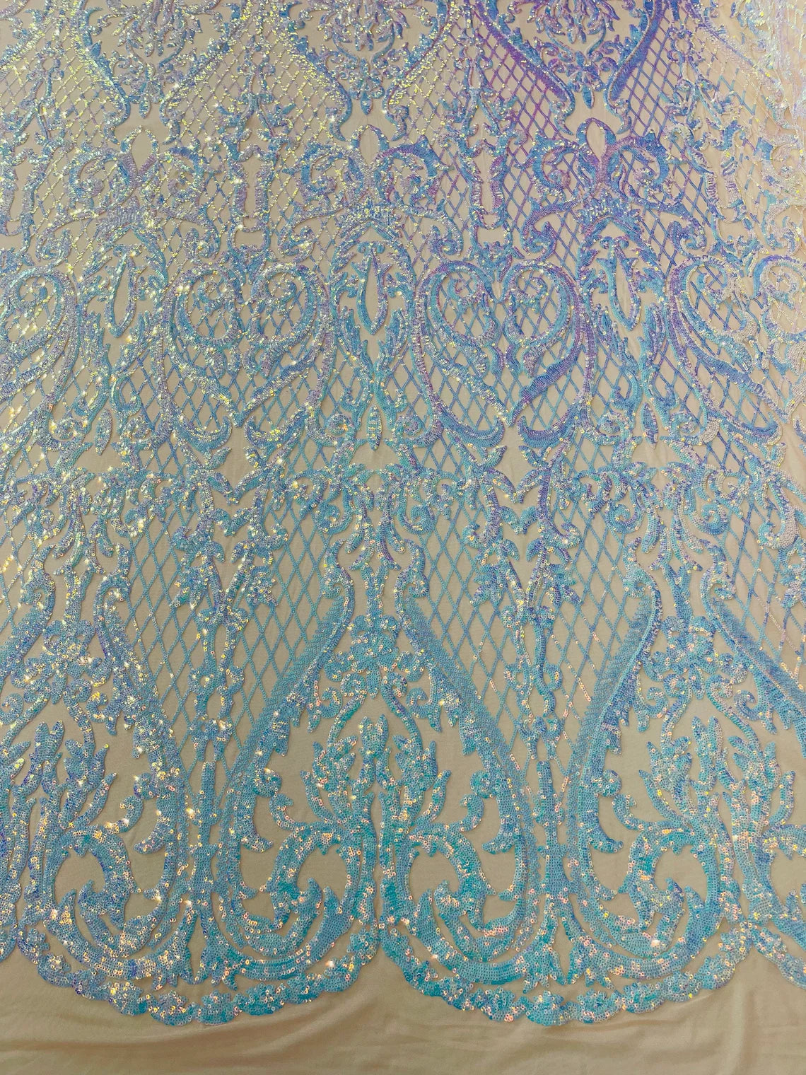 Heart Damask Sequins - Aqua Blue Iridescent - 4 Way Stretch Elegant Shiny Net Sequins Fabric By Yard