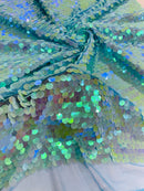 Round Large Sequins - Aqua Blue Iridescent - Paillette Large Round Sequins Design Fabric By Yard
