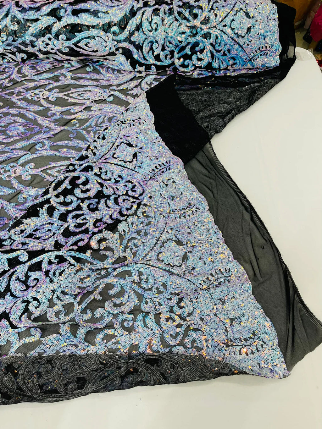 Damask Decor Sequins - Aqua Blue on Black - 4 Way Stretch Design High Quality Fabric By Yard