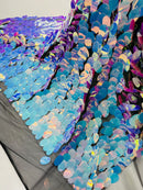 Jumbo Oval Sequins - Aqua Blue on Black - Paillette Big Oval Sequins Design Fabric By Yard