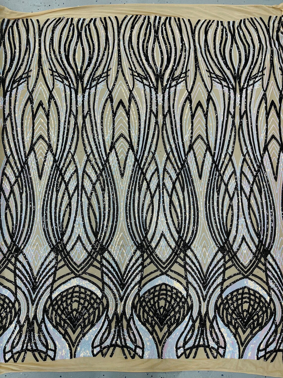 Long Wavy Pattern Sequins - Iridescent Aqua / Black - 4 Way Stretch Sequins Fabric Design By Yard