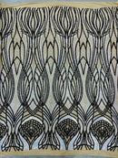 Long Wavy Pattern Sequins - Iridescent Aqua / Black - 4 Way Stretch Sequins Fabric Design By Yard