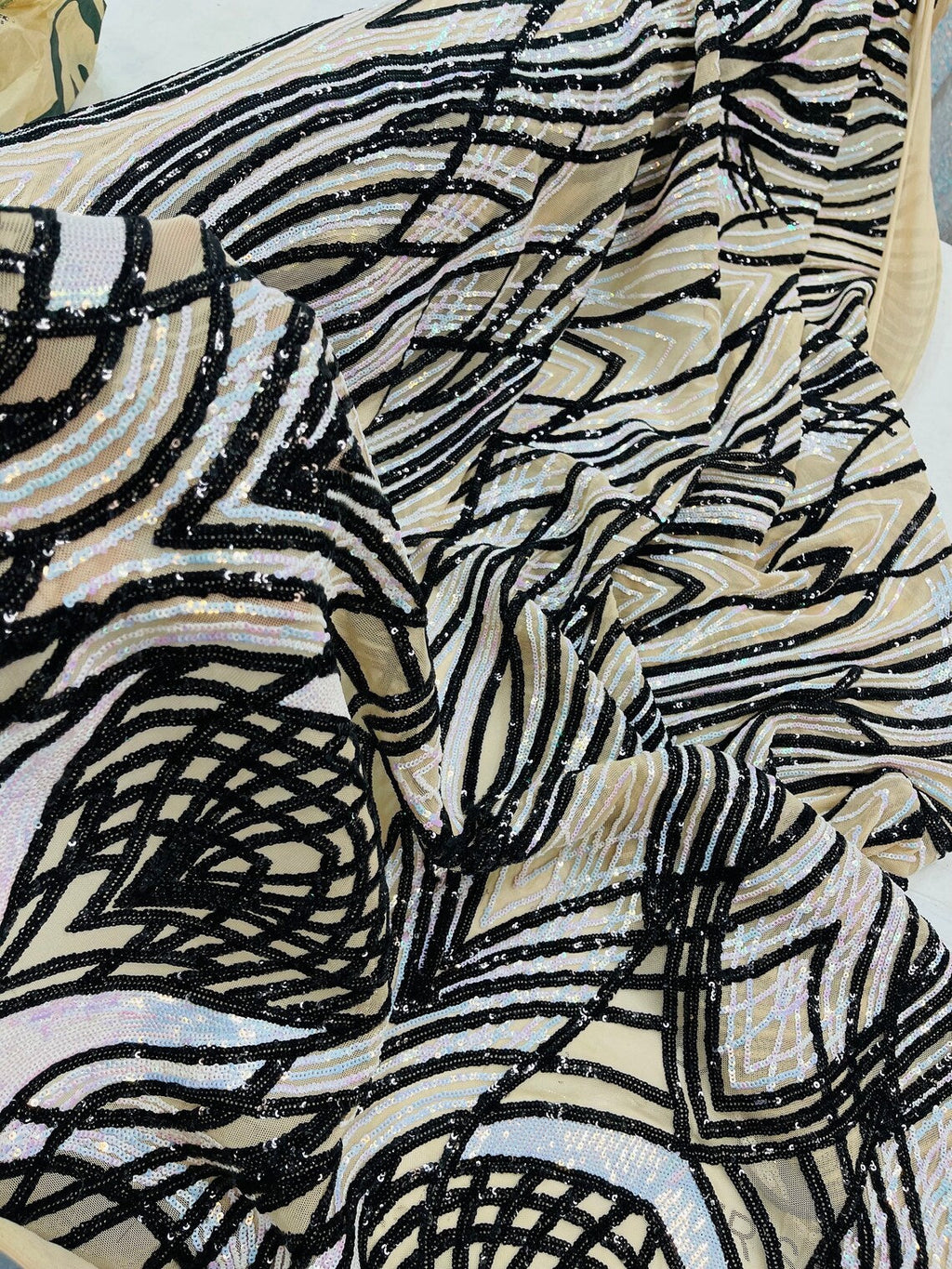 Long Wavy Pattern Sequins - Iridescent Aqua / Black - 4 Way Stretch Sequins Fabric Design By Yard
