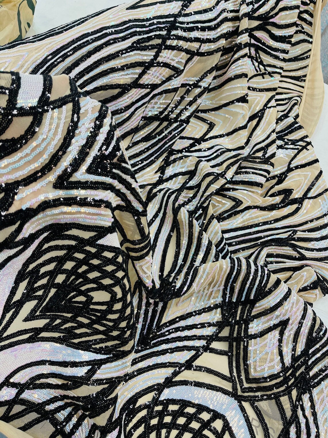 Long Wavy Pattern Sequins - Iridescent Aqua / Black - 4 Way Stretch Sequins Fabric Design By Yard