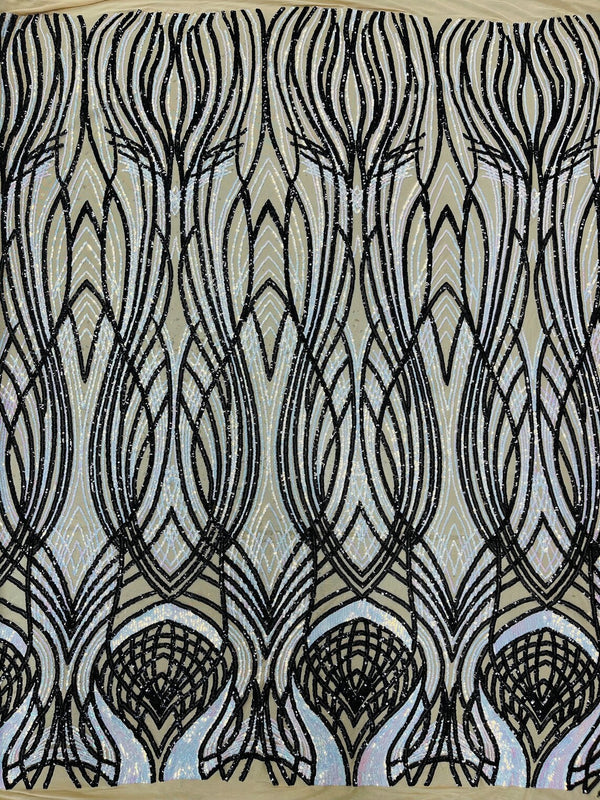 Long Wavy Pattern Sequins - Iridescent Aqua / Black - 4 Way Stretch Sequins Fabric Design By Yard