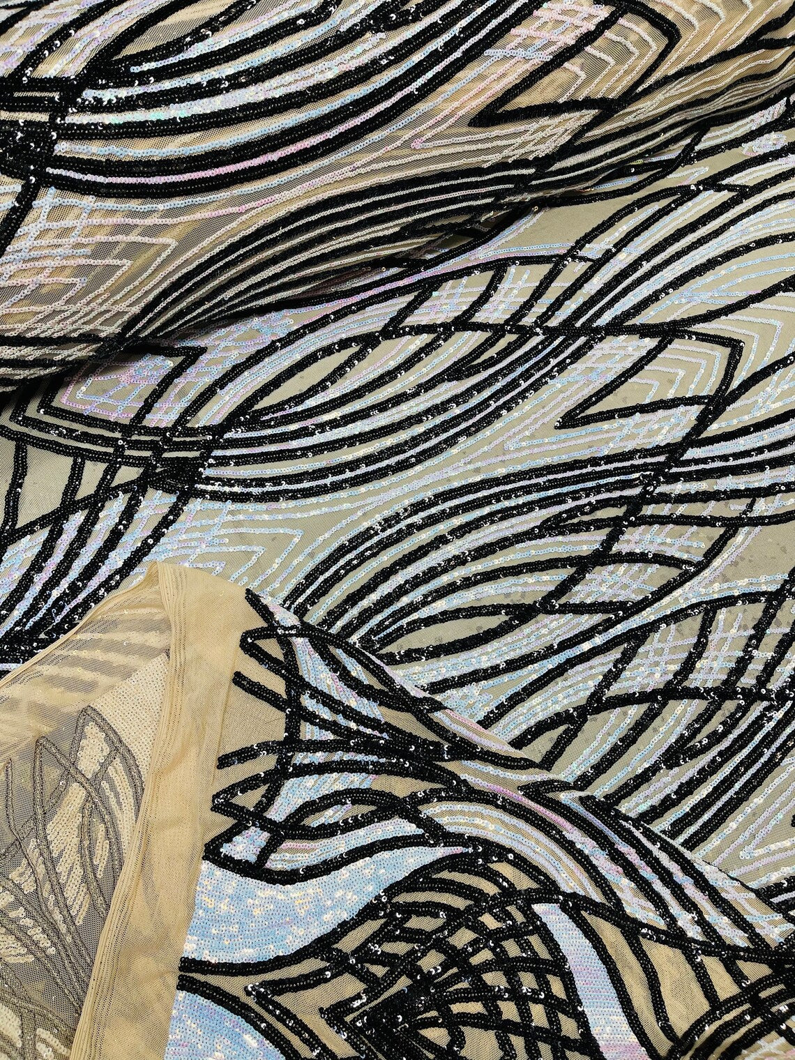 Long Wavy Pattern Sequins - Iridescent Aqua / Black - 4 Way Stretch Sequins Fabric Design By Yard