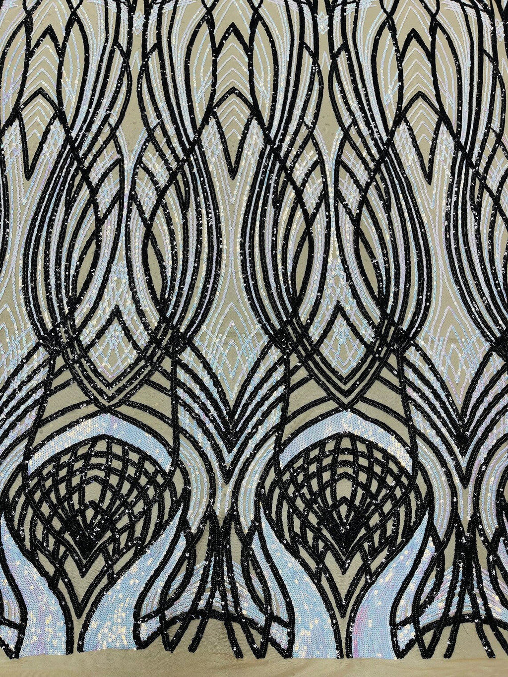 Long Wavy Pattern Sequins - Iridescent Aqua / Black - 4 Way Stretch Sequins Fabric Design By Yard