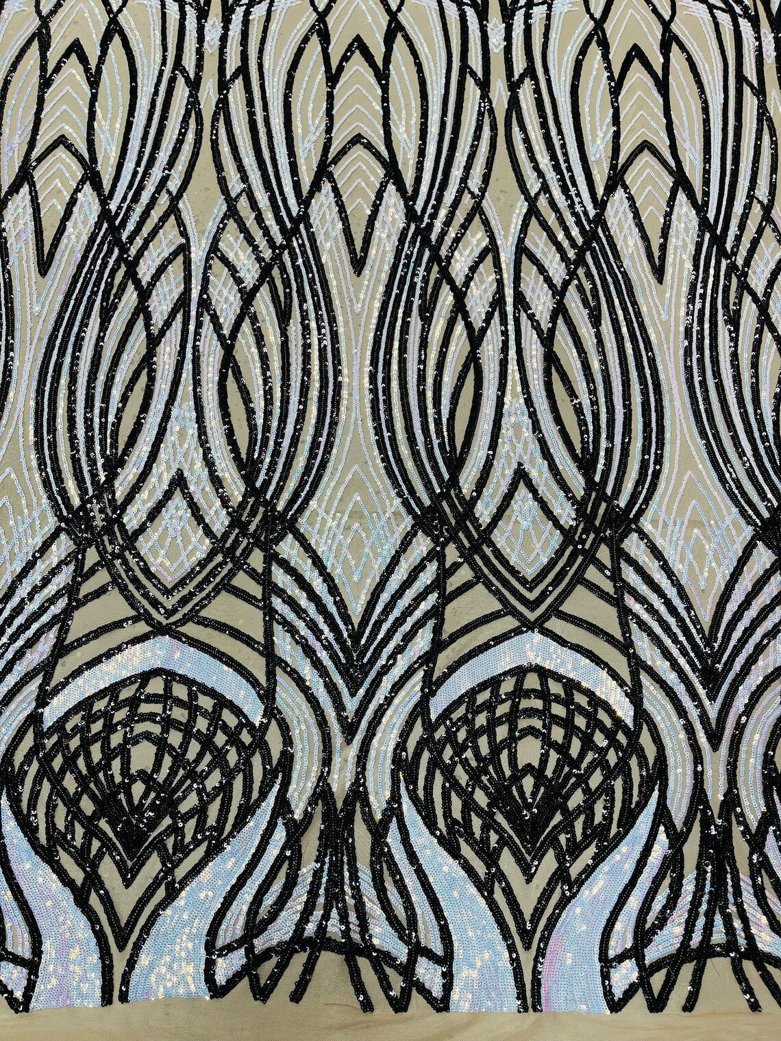 Long Wavy Pattern Sequins - Iridescent Aqua / Black - 4 Way Stretch Sequins Fabric Design By Yard