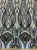 Long Wavy Pattern Sequins - Iridescent Aqua / Black - 4 Way Stretch Sequins Fabric Design By Yard