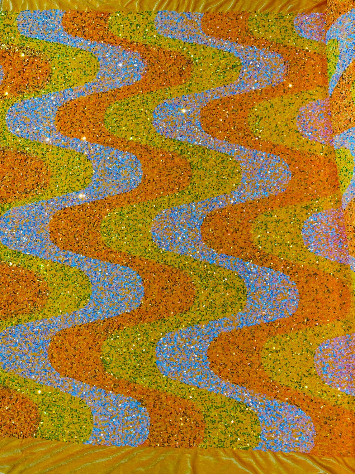 Wavy Line Velvet Sequins - Aqua Iridescent/Orange/Clear - Velvet Sequi