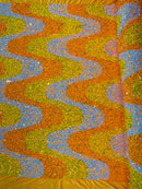 Wavy Line Velvet Sequins - Aqua Iridescent/Orange/Clear - Velvet Sequins 2 Way Stretch Fabric 58/60” By Yard