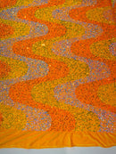 Wavy Line Velvet Sequins - Aqua Iridescent/Orange/Clear - Velvet Sequins 2 Way Stretch Fabric 58/60” By Yard