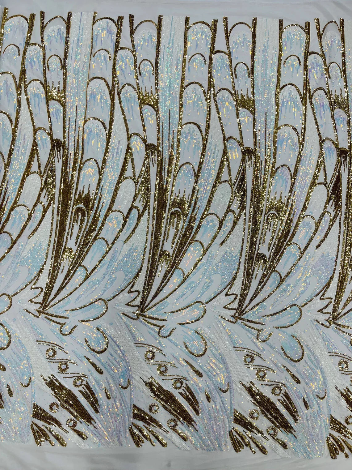 Multi-Color Sequins Design - Aqua Iridescent / Gold - 4 Way Stretch Sequins Fabric By The Yard