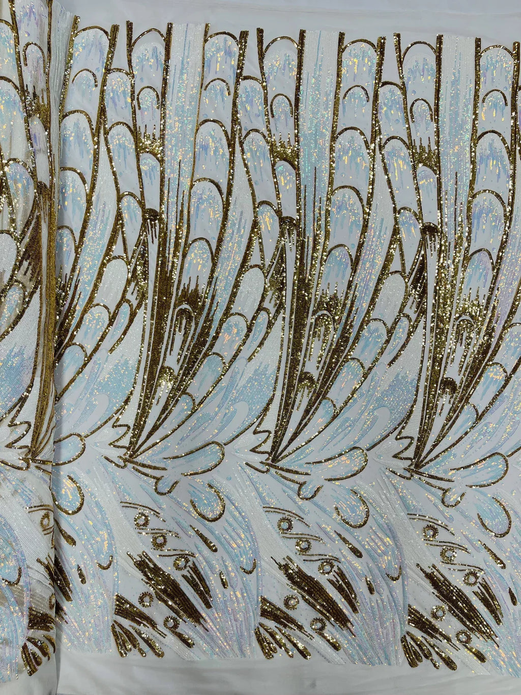 Multi-Color Sequins Design - Aqua Iridescent / Gold - 4 Way Stretch Sequins Fabric By The Yard