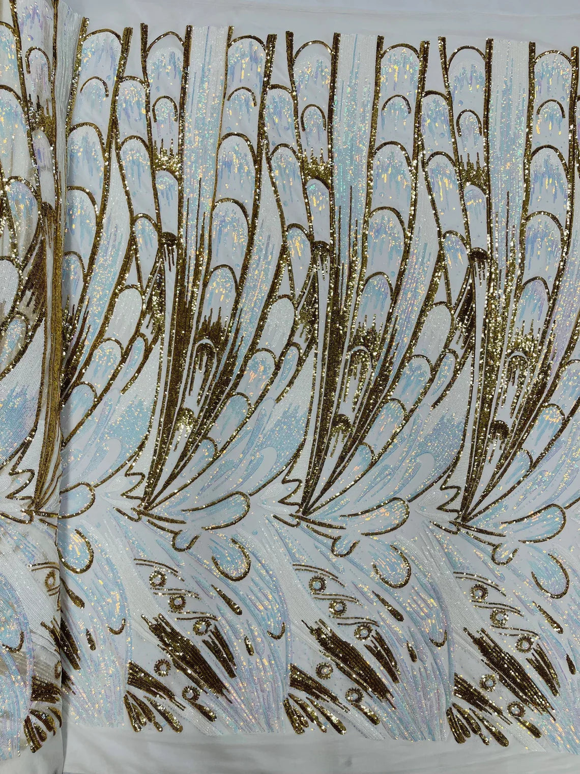 Multi-Color Sequins Design - Aqua Iridescent / Gold - 4 Way Stretch Sequins Fabric By The Yard