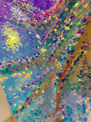 Round Large Sequins - Aqua Iridescent on Nude - Paillette Large Round Sequins Design Fabric By Yard