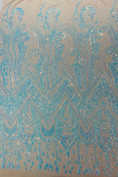 Zig Zag Design Sequins - Aqua Iridescent - 4 Way Stretch Embroidered Zig Zag Sequins Lace Fabric By The Yard