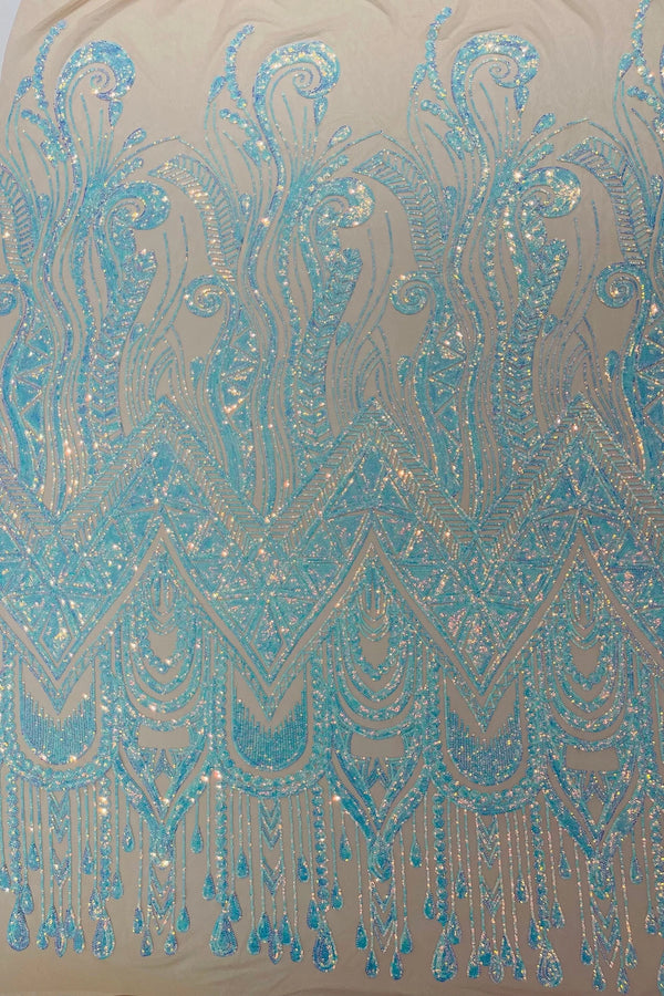 Zig Zag Design Sequins - Aqua Iridescent - 4 Way Stretch Embroidered Zig Zag Sequins Lace Fabric By The Yard