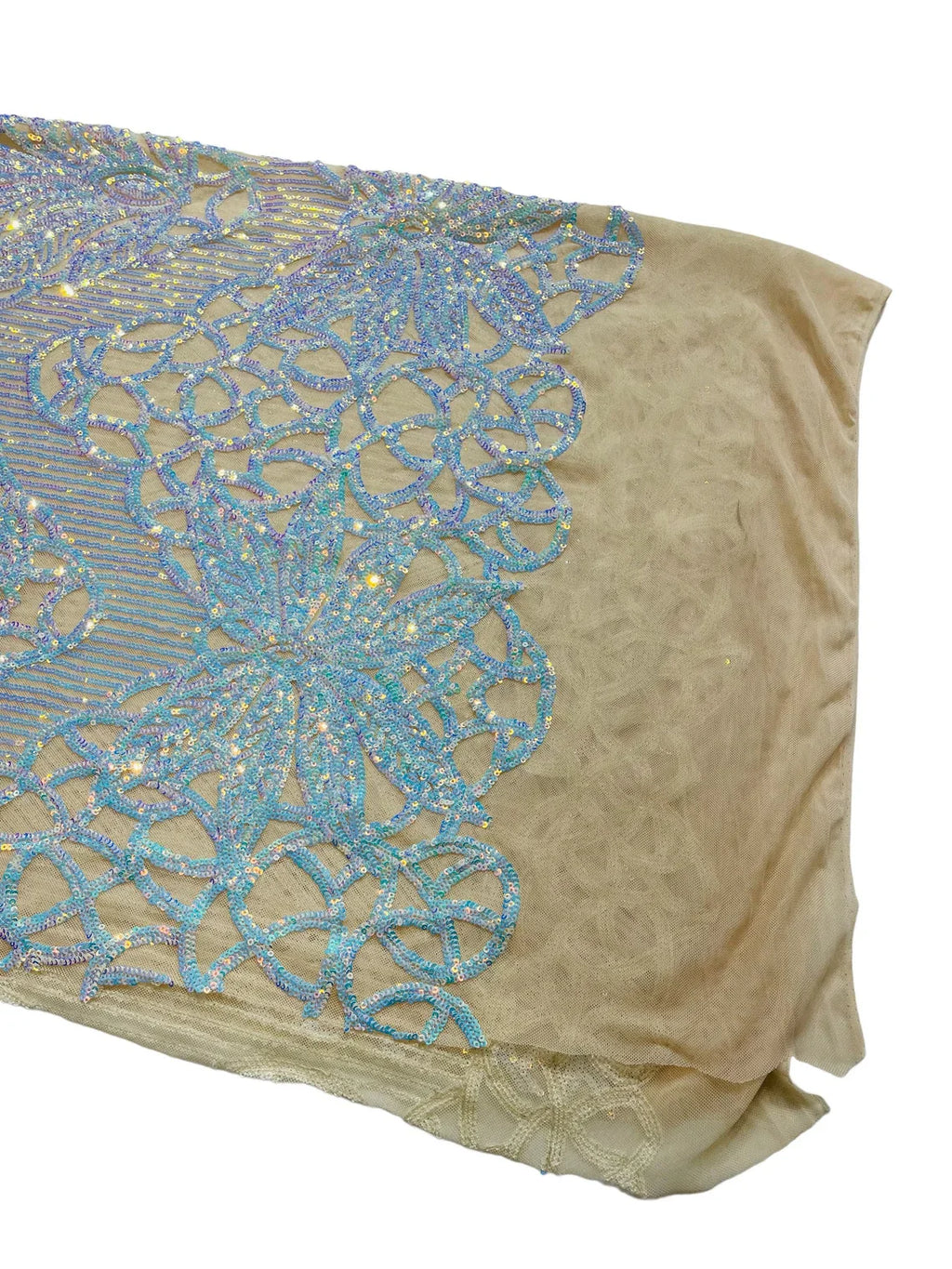 Elegant Floral Leaf Design - Aqua Iridescent #01 - 4 Way Stretch Sequins Lace Spandex Fabric By Yard