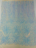 Elegant Floral Leaf Design - Aqua Iridescent #01 - 4 Way Stretch Sequins Lace Spandex Fabric By Yard