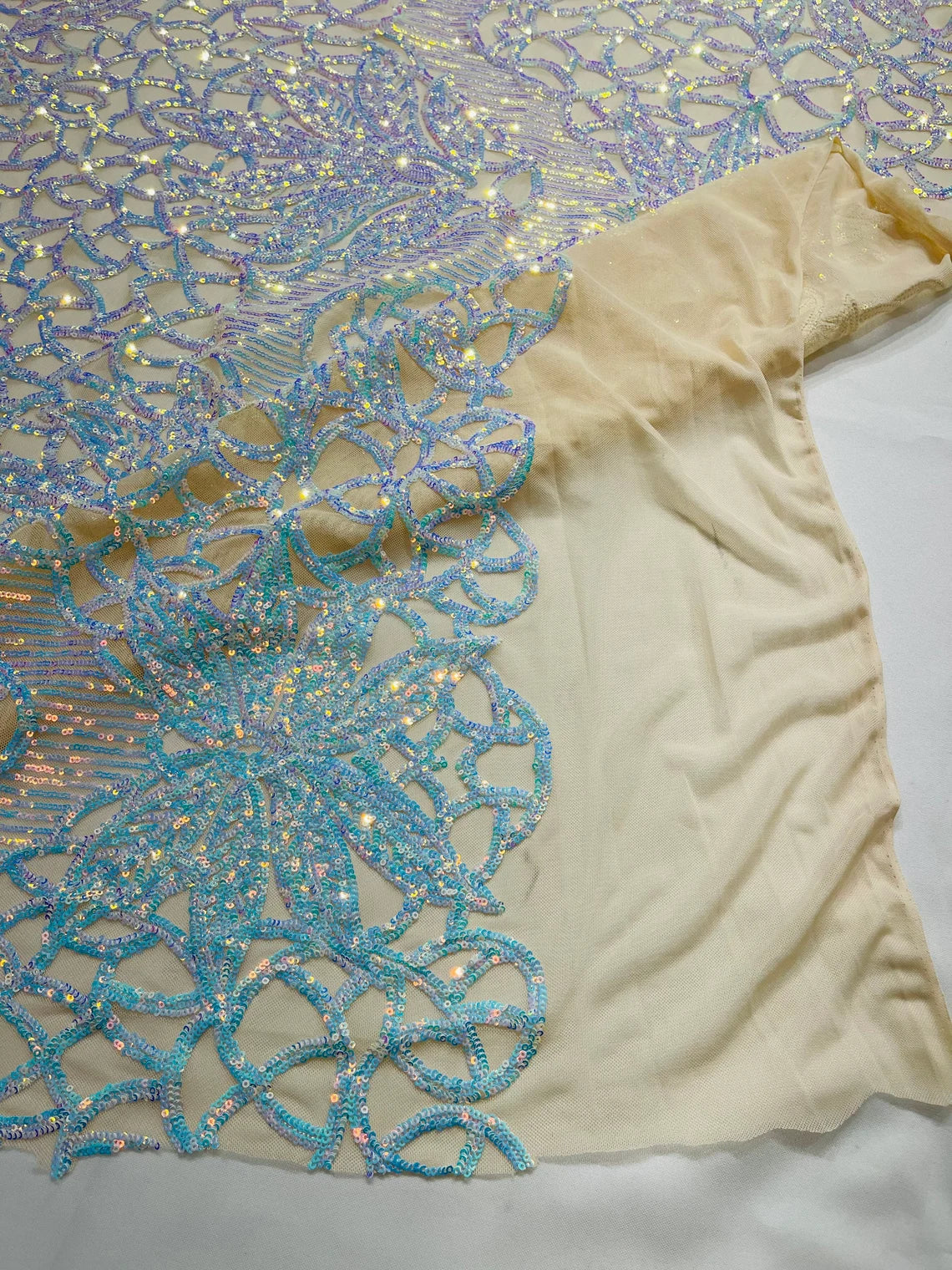 Elegant Floral Leaf Design - Aqua Iridescent #01 - 4 Way Stretch Sequins Lace Spandex Fabric By Yard