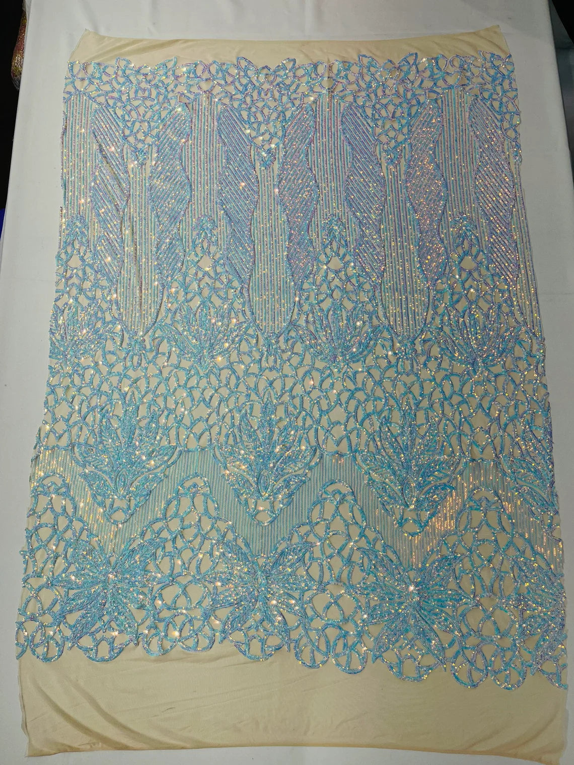 Elegant Floral Leaf Design - Aqua Iridescent #01 - 4 Way Stretch Sequins Lace Spandex Fabric By Yard