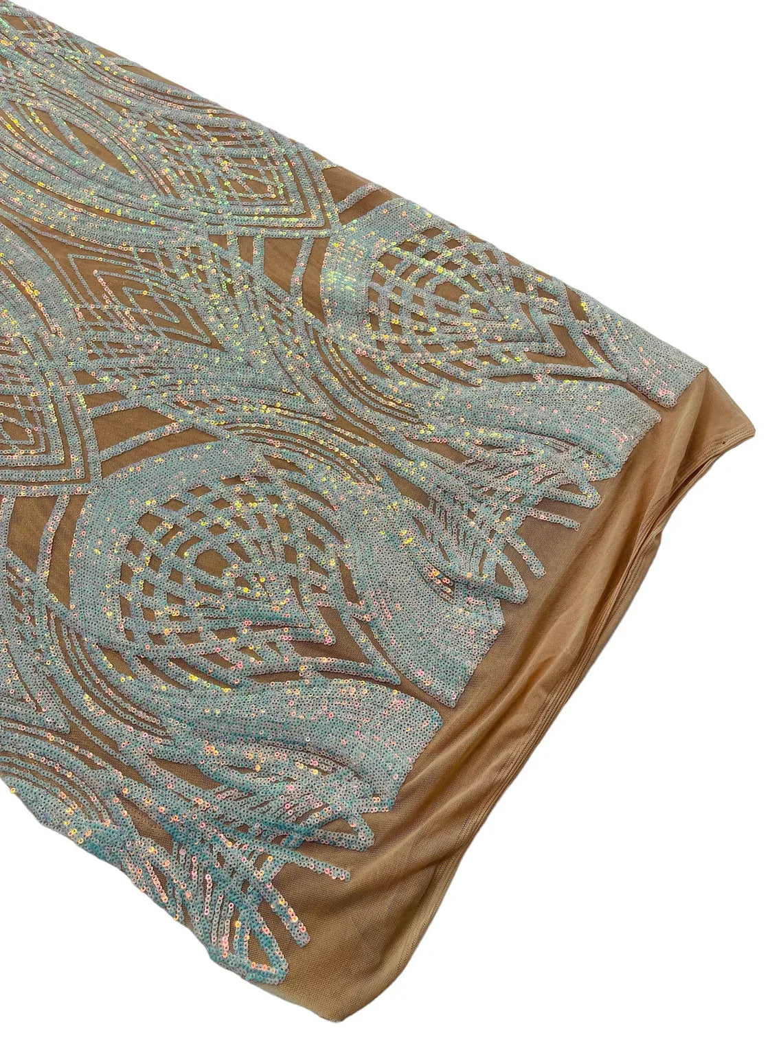 Long Wavy Pattern Sequins - Aqua Iridescent - 4 Way Stretch Sequins Fabric Line Design By Yard
