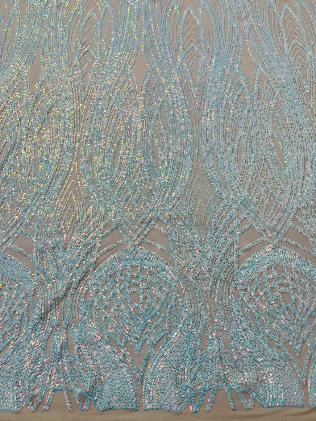 Long Wavy Pattern Sequins - Aqua Iridescent - 4 Way Stretch Sequins Fabric Line Design By Yard