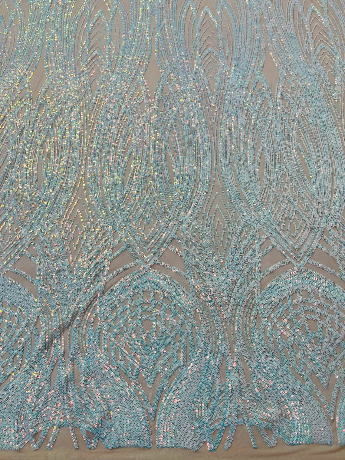 Long Wavy Pattern Sequins - Aqua Iridescent - 4 Way Stretch Sequins Fabric Line Design By Yard