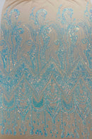 Zig Zag Design Sequins - Aqua Iridescent - 4 Way Stretch Embroidered Zig Zag Sequins Lace Fabric By The Yard