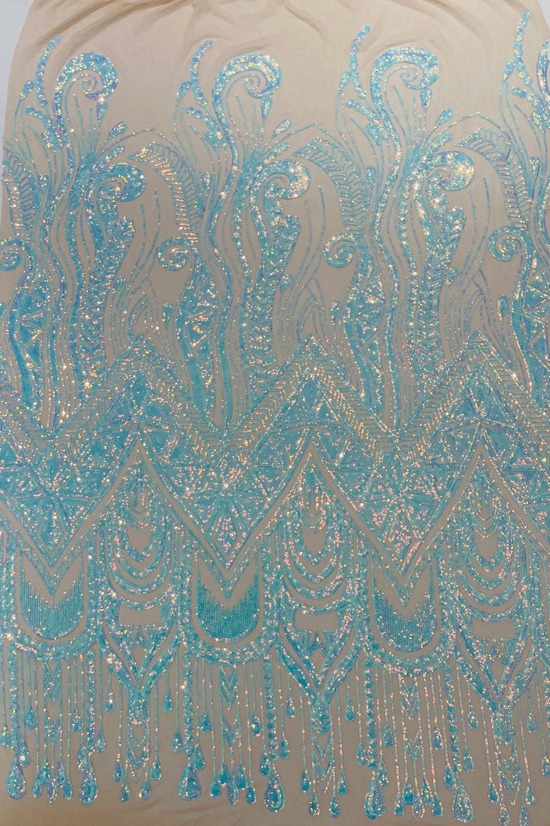 Zig Zag Design Sequins - Aqua Iridescent - 4 Way Stretch Embroidered Zig Zag Sequins Lace Fabric By The Yard