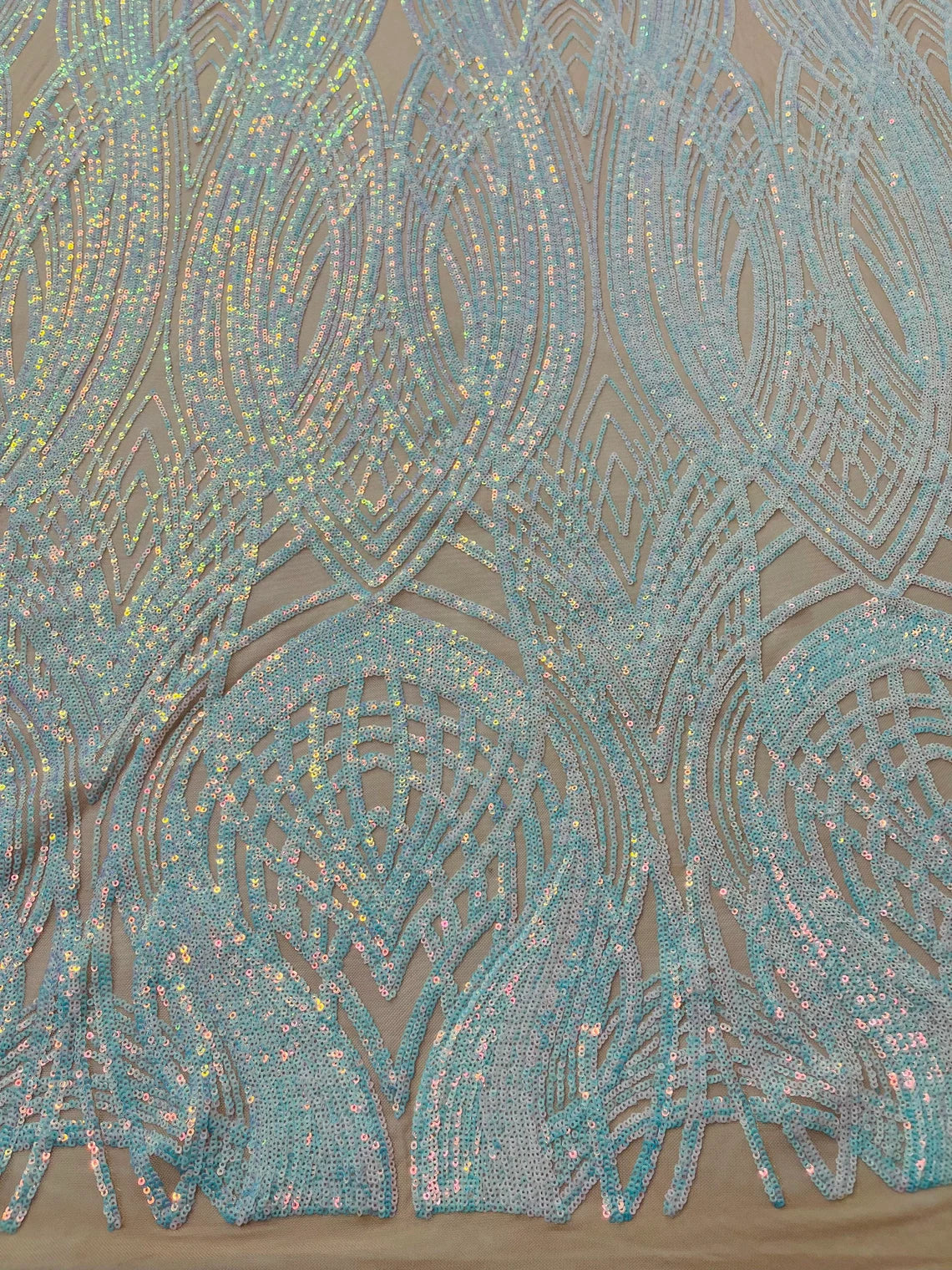 Long Wavy Pattern Sequins - Aqua Iridescent - 4 Way Stretch Sequins Fabric Line Design By Yard
