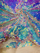 Round Large Sequins - Aqua Iridescent on Nude - Paillette Large Round Sequins Design Fabric By Yard