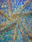 Sword Large Shiny Sequins - Aqua Iridescent - Hanging Iridescent Sequins On Lace Fabric By Yard