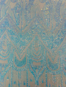 Zig Zag Design Sequins - Aqua Iridescent - 4 Way Stretch Embroidered Zig Zag Sequins Lace Fabric By The Yard