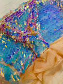 Round Large Sequins - Aqua Iridescent on Nude - Paillette Large Round Sequins Design Fabric By Yard