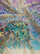 Sword Large Shiny Sequins - Aqua Iridescent - Hanging Iridescent Sequins On Lace Fabric By Yard