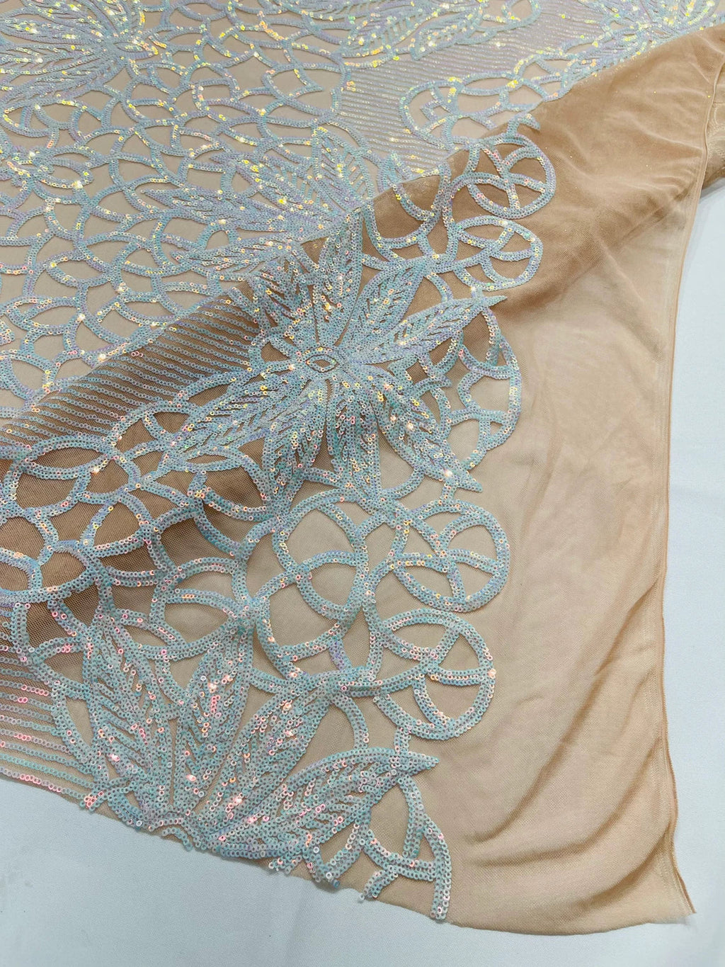 Elegant Floral Leaf Design - Aqua Iridescent #02 - 4 Way Stretch Sequins Lace Spandex Fabric By Yard