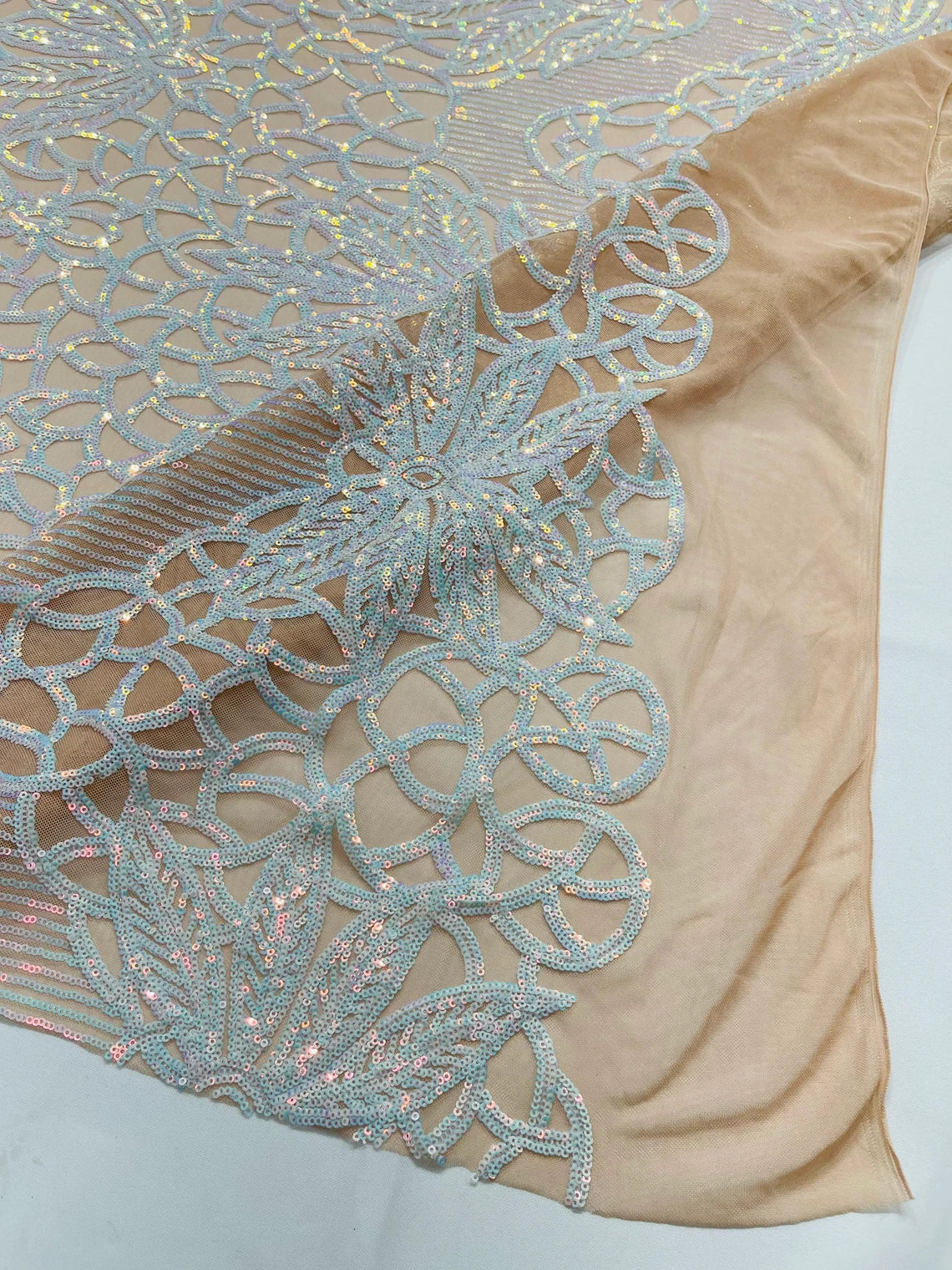 Elegant Floral Leaf Design - Aqua Iridescent #02 - 4 Way Stretch Sequins Lace Spandex Fabric By Yard
