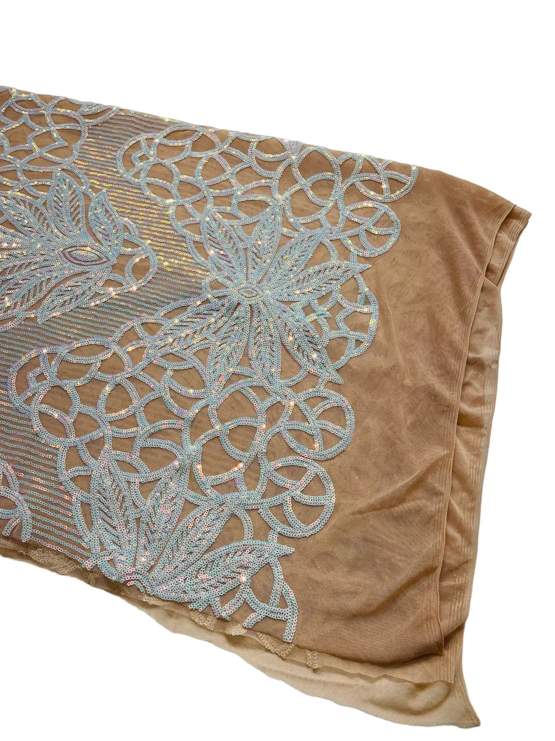 Elegant Floral Leaf Design - Aqua Iridescent #02 - 4 Way Stretch Sequins Lace Spandex Fabric By Yard