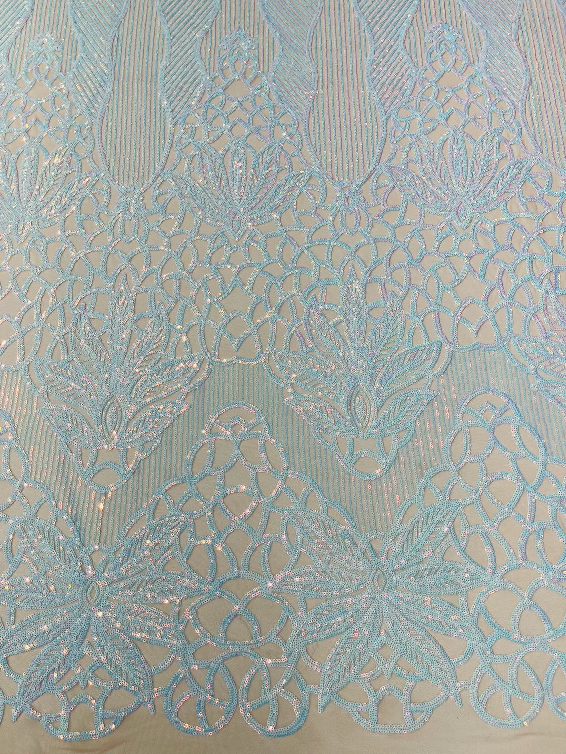 Elegant Floral Leaf Design - Aqua Iridescent #02 - 4 Way Stretch Sequins Lace Spandex Fabric By Yard