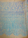 Aqua Iridescent on Nude - 4 Way Stretch Embroidered Royalty Sequins Design Fabric By Yard