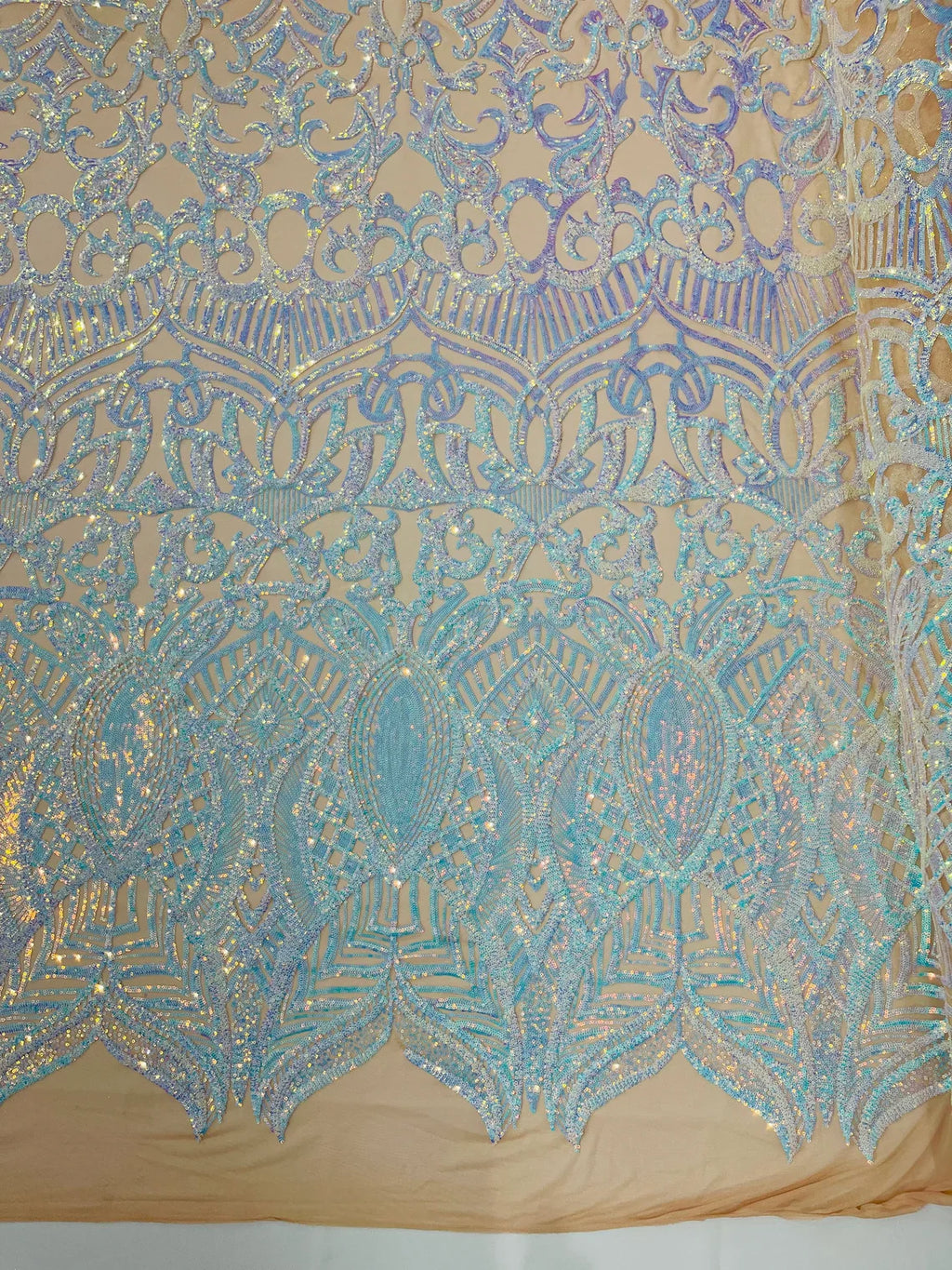 Aqua Iridescent on Nude - 4 Way Stretch Embroidered Royalty Sequins Design Fabric By Yard
