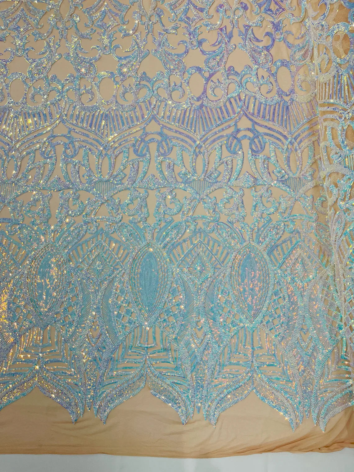 Aqua Iridescent on Nude - 4 Way Stretch Embroidered Royalty Sequins Design Fabric By Yard