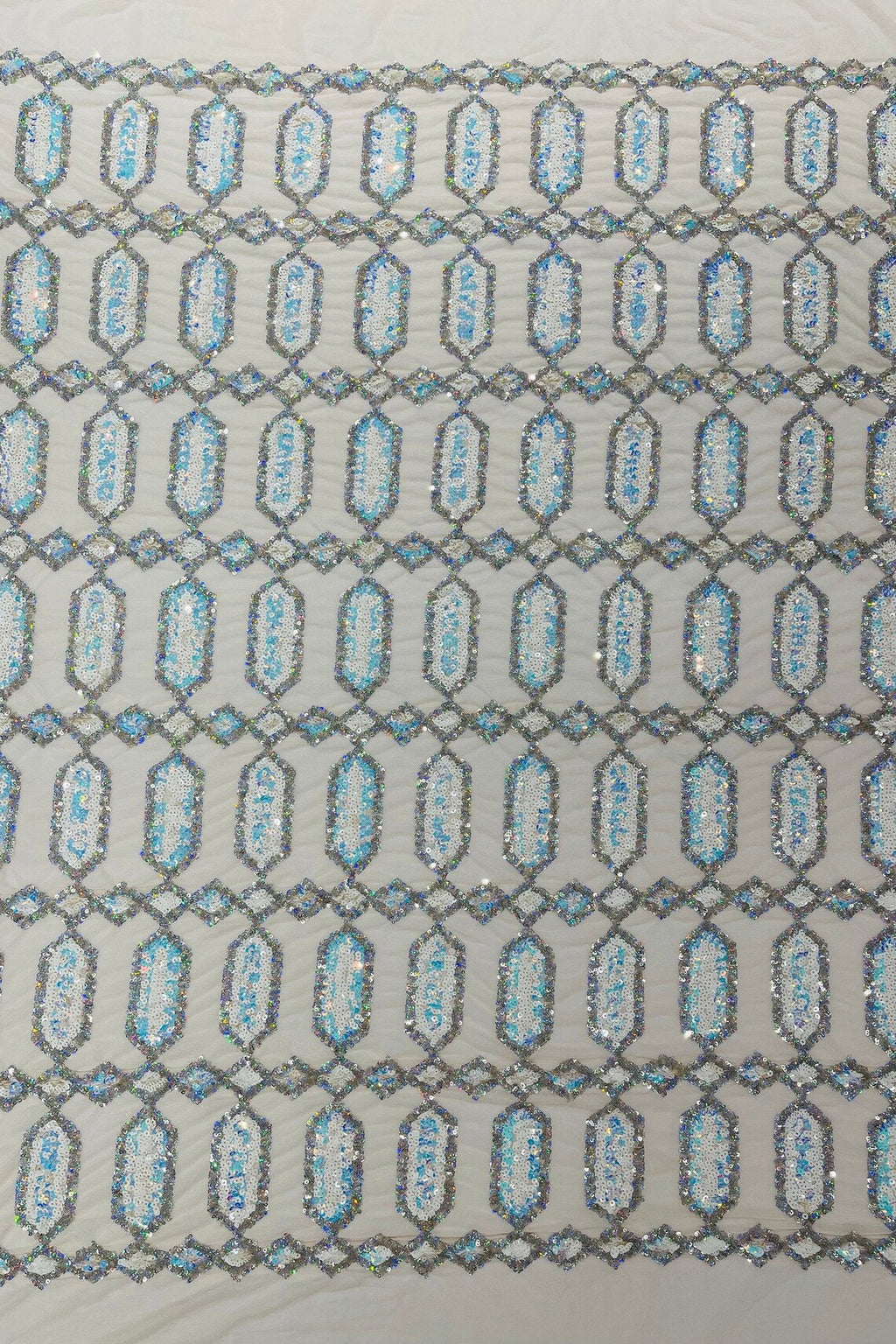 Fancy Gem Jewel Fabric - Aqua Iridescent - Geometric Stretch Sequins Design on Mesh By Yard
