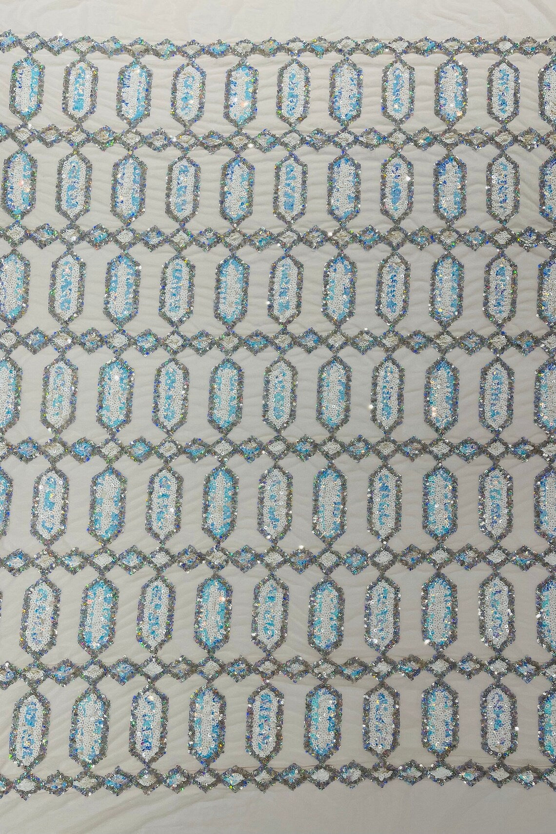 Fancy Gem Jewel Fabric - Aqua Iridescent - Geometric Stretch Sequins Design on Mesh By Yard
