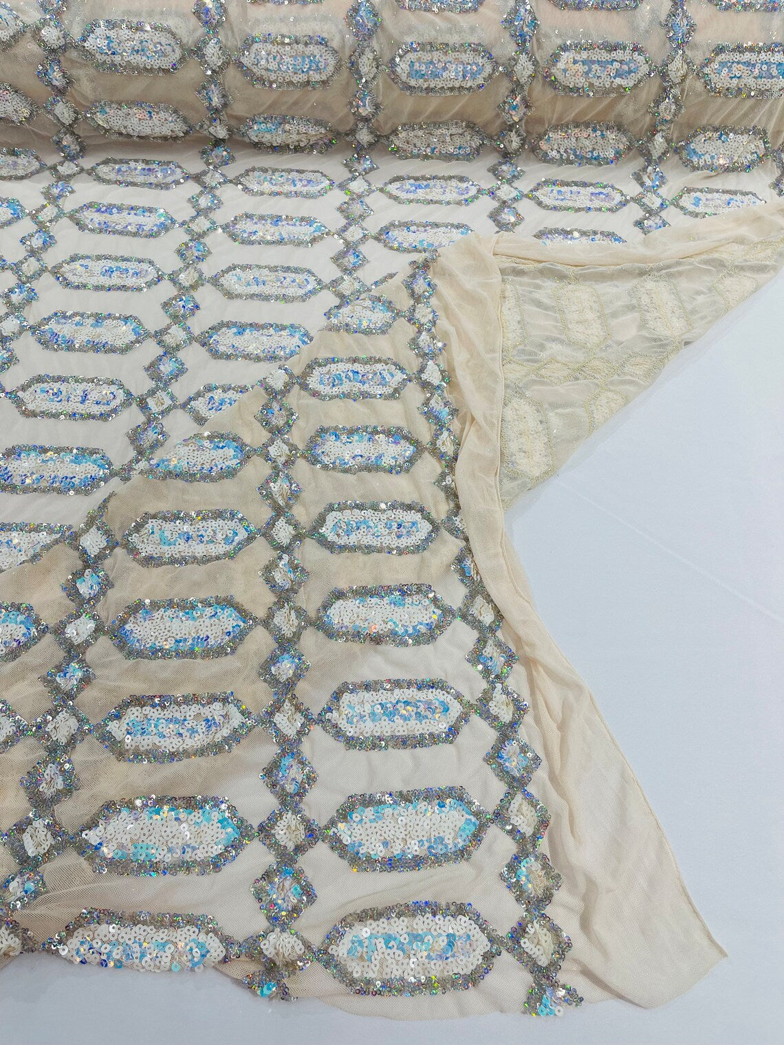 Fancy Gem Jewel Fabric - Aqua Iridescent - Geometric Stretch Sequins Design on Mesh By Yard