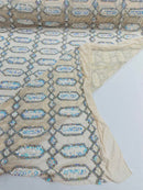 Fancy Gem Jewel Fabric - Aqua Iridescent - Geometric Stretch Sequins Design on Mesh By Yard