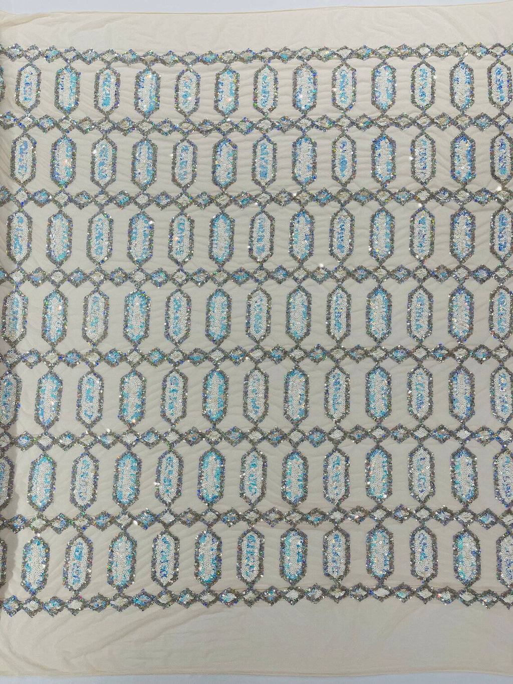 Fancy Gem Jewel Fabric - Aqua Iridescent - Geometric Stretch Sequins Design on Mesh By Yard